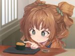  1girl food gunkanmaki hair_ornament hair_scrunchie highres idolmaster idolmaster_(classic) idolmaster_million_live! laki looking_at_food orange_hair restaurant scrunchie sea_urchin solo sushi sweatdrop takatsuki_yayoi twintails 