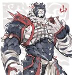  1boy animal_ears arknights armor artist_name bara bare_pectorals character_name english_commentary furry furry_male male_focus monster_hunter_(series) mountain_(arknights) multiple_scars nargacuga_(armor) onion_holic pectorals scar scar_across_eye scar_on_face scar_on_hand signature spiked_pauldrons tiger_boy tiger_ears tiger_stripes 