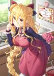  1girl apron blonde_hair blush breasts chinese_clothes chocolate date_a_live frilled_skirt frills hair_between_eyes highres hoshimiya_mukuro indoors kitchen large_breasts long_hair looking_at_viewer purple_skirt red_apron skirt tsubasaki valentine very_long_hair yellow_eyes 