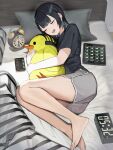  1girl absurdres alarm_clock barefoot bed black_hair buta5813 cellphone clock closed_eyes dolphin_shorts douryou_(buta5813) drooling highres lying object_hug on_side original phone short_hair shorts sleeping smartphone solo stuffed_animal stuffed_toy tablet_pc 