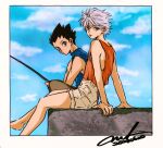 2boys ark_mono bare_shoulders black_hair blue_eyes blue_shirt brown_eyes denim denim_shorts fishing_rod from_side full_body gon_freecss highres holding holding_fishing_rod hunter_x_hunter killua_zoldyck looking_at_viewer male_child male_focus multiple_boys outdoors red_shirt shirt short_hair shorts signature sitting spiked_hair white_hair 