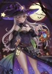  1girl bare_shoulders black_dress black_headwear breasts cleavage commentary corrin_(female)_(fire_emblem) corrin_(fire_emblem) dress feet_out_of_frame fire_emblem fire_emblem_fates fire_emblem_heroes frilled_sleeves frills full_moon grey_hair grin hat highres juliet_sleeves lantern large_breasts long_hair long_sleeves looking_at_viewer moon night night_sky off-shoulder_dress off_shoulder one_eye_closed parted_lips pointy_ears puffy_sleeves red_eyes ryuuneart side_slit sky smile solo standing thighs very_long_hair witch_hat 