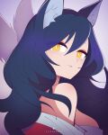  1girl ahri_(league_of_legends) animal_ears black_hair breasts commentary eyes_visible_through_hair flipherrrr fox_ears fox_tail from_side highres korean_clothes large_breasts league_of_legends long_hair looking_at_viewer multiple_tails off_shoulder sideboob solo tail yellow_eyes 