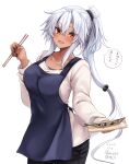  1girl :d absurdres alternate_hairstyle apron black_nails black_pants blue_apron breasts brown_eyes commentary_request crossed_bangs dark-skinned_female dark_skin dated fish fish_(food) grey_hair grilled_fish hair_between_eyes highres holding holding_plate kantai_collection large_breasts long_hair long_sleeves looking_at_viewer mashiro_yukiya musashi_(kancolle) musashi_kai_ni_(kancolle) nail_polish outstretched_arm pants plate ponytail rimless_eyewear saury smile solo speech_bubble sweater translation_request very_long_hair white_background white_sweater 