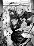  2boys absurdres blood choso_(jujutsu_kaisen) closed_mouth cowboy_shot greyscale hand_on_another&#039;s_shoulder hands_up highres hood hood_down itadori_yuuji jacket japanese_clothes jozpic jujutsu_kaisen jujutsu_tech_uniform jumping kimono long_sleeves male_focus monochrome multiple_boys open_hands pants scar scar_on_face scarf school_uniform short_hair short_twintails standing twintails undercut wide_sleeves 
