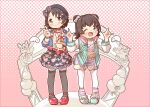  2girls ;d \m/ akagi_miria animal_print beret black_hair black_headwear black_skirt blue_footwear blue_jacket blue_shorts blush bow brown_eyes closed_mouth commentary_request double_\m/ double_bun fur-trimmed_shorts fur_trim grey_bow grey_hair grey_thighhighs hair_bow hair_bun hair_ornament halftone halftone_background hat heart heart_hair_ornament heart_print hood hood_down hooded_jacket idolmaster idolmaster_cinderella_girls idolmaster_cinderella_girls_starlight_stage jacket long_sleeves loose_socks multiple_girls one_eye_closed open_clothes open_jacket pantyhose pink_background plaid plaid_shorts polka_dot polka_dot_bow polka_dot_thighhighs print_skirt puffy_long_sleeves puffy_sleeves rabbit_print red_footwear sasaki_chie shorts skirt smile socks striped striped_socks thighhighs v white_bow white_pantyhose yukie_(kusaka_shi) 