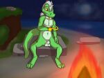  3_toes absurd_res anthro balls beach campfire cliff collar fan_character feet genitals greek_text green_body hair hi_res hook_hand jumpstart_games krawk_(neopets) lendri_mujina lycrias_herak male moon neopet_(species) neopets night nipples nude orange_eyes penis sad_expression seaside sitting solo text toes white_hair yellow_sclera 