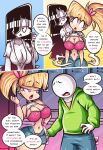  big_breasts blonde_hair bottomwear breasts cleavage clothed clothing comic elf english_text female ghost group hair hair_over_eye hi_res human humanoid male mammal not_furry one_eye_obstructed panties raised_clothing raised_shirt raised_topwear riukykappa shirt skirt spirit text topwear trio underwear 