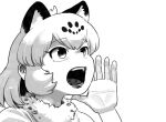  1girl animal_ear_fluff animal_ears bell_(hellchan3) fur_collar greyscale hand_to_own_mouth hand_up highres jaguar_(kemono_friends) jaguar_ears jaguar_girl kemono_friends looking_up medium_hair monochrome open_mouth portrait raised_eyebrows romaji_commentary shouting_with_hands sidelocks solo 