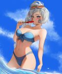  1girl absurdres bare_shoulders bikini blue_bikini blue_eyes blue_sky braid braided_ponytail breasts cleavage cloud day dutch_angle english_commentary eyewear_on_head food food_in_mouth grey_hair highres long_hair looking_at_viewer medium_breasts navel outdoors popsicle popsicle_in_mouth rwby scar scar_across_eye scar_on_face sky solo stomach strapless strapless_bikini sunglasses swimsuit water weiss_schnee white_hair zuu_(zuuzu) 