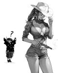  2girls ? blush breasts cutoffs elezen elf english_commentary final_fantasy final_fantasy_xiv greyscale gun hand_on_headwear hat hat_tip hilda_ware holding holding_gun holding_weapon hyur jamjamstyle lalafell large_breasts long_hair looking_at_viewer midriff monochrome multiple_girls navel no_bra pointy_ears ponytail shirt short_shorts shorts smoke smoking_gun tataru_taru tied_shirt weapon 