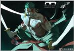  1boy abs bara bare_pectorals bare_shoulders blood blood_on_face green_kimono holding holding_sword holding_weapon japanese_clothes kimono kimono_partially_removed large_pectorals looking_at_viewer male_focus muscular muscular_male one_eye_closed one_piece pectorals roronoa_zoro short_hair solo stitches sword triple_wielding weapon williamschan 