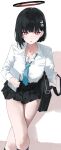  024th 1girl absurdres black_hair black_skirt blue_archive blue_necktie breasts collared_shirt crossed_legs from_above hair_ornament halo highres holding long_hair minibag necktie red_eyes rio_(blue_archive) shirt short_hair sitting skirt solo very_long_hair white_shirt 