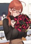  2girls 92m ^_^ ahoge black_sweater bouquet breasts closed_eyes commentary_request flower glasses highres holding holding_bouquet large_breasts mature_female medium_hair multiple_girls original red-framed_eyewear red_flower red_hair sanako_(92m) smile sweater 