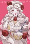  1girl blush breasts cake cleavage colored_skin cream food food_on_face fork fruit highres holding holding_fork large_breasts long_hair long_sleeves looking_at_viewer open_mouth original pink_background red_eyes sakoku_(oyatsu3ji_) simple_background solo strawberry very_long_hair whipped_cream white_hair white_skin 