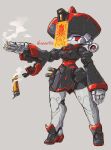  1girl breasts grey_background helmet highres humanoid_robot jiangshi kuruton486 looking_at_viewer medium_breasts open_hand original red_eyes robot science_fiction shell_casing simple_background smoke twitter_username 