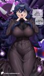  1girl @_@ ahoge black_dress black_hair blush breasts dress english_commentary english_text enma_(enmanuelart) gastly gengar hairband hex_maniac_(pokemon) highres large_breasts long_dress long_hair long_sleeves looking_at_viewer messy_hair open_mouth pokemon pokemon_(game) pokemon_xy purple_eyes purple_hairband speech_bubble will-o&#039;-the-wisp_(mythology) 