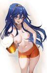  1girl beer_mug blue_eyes blue_hair breasts collarbone cup fire_emblem fire_emblem_awakening hair_between_eyes highres long_hair looking_at_viewer lucina_(fire_emblem) medium_breasts mug navel nipples no_legwear open_mouth orange_shorts short_shorts shorts sidelocks smile solo thighs tiara tofuubear topless 