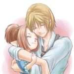  1boy 1girl ^_^ avatar_(ff11) bangs black_necktie blonde_hair brown_hair closed_eyes closed_mouth final_fantasy final_fantasy_xi hair_between_eyes hug hume necktie pointy_ears ponytail sakutsuki shirt short_hair short_ponytail smile tarutaru white_shirt 