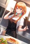  1girl apron black_apron braid cooking_pot earrings feather_earrings feathers food holding holding_spatula holding_spoon hololive hololive_english jewelry kitchen long_hair open_mouth orange_hair pasta plate red_eyes salad sebu_illust solo spaghetti spatula spoon takanashi_kiara twin_braids virtual_youtuber 