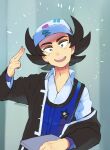  1boy :d black_eyes black_hair black_jacket blue_vest bright_pupils collared_shirt commentary_request eyeshadow giacomo_(pokemon) hand_up hat head_tilt holding jacket long_sleeves looking_at_viewer makeup male_focus nyoripoke off_shoulder open_mouth pointy_hair pokemon pokemon_(game) pokemon_sv shirt smile solo teeth upper_body upper_teeth_only vest white_headwear white_pupils white_shirt 