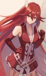  1girl bare_shoulders belt belt_buckle breasts buckle cleavage closed_mouth collarbone commentary cordelia_(fire_emblem) crossed_belts dress elbow_gloves fire_emblem fire_emblem_awakening gloves hair_between_eyes hair_ornament hand_on_own_hip highres labebebe_lee long_hair looking_at_viewer pink_belt red_dress red_eyes red_gloves red_hair simple_background sleeveless sleeveless_dress small_breasts smile solo very_long_hair wing_hair_ornament 