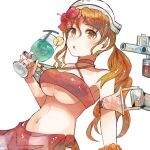  1girl bikini breasts brown_eyes brown_hair collarbone cup drink drinking_glass drinking_straw flower food fruit hair_flower hair_ornament hibiscus holding holding_cup itomugi-kun kantai_collection large_breasts littorio_(kancolle) long_hair machinery navel orange_(fruit) orange_scrunchie orange_slice parted_lips red_bikini red_flower red_sarong rigging sarong scrunchie simple_background solo swimsuit turret upper_body white_background wrist_scrunchie 
