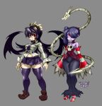  2girls asymmetrical_hair black_background black_collar black_dress black_hair black_skirt blue_skin breasts collar collared_shirt colored_skin commentary corset detached_collar dress english_commentary filia_(skullgirls) futakuchi-onna gothic hair_over_one_eye highres large_breasts leviathan_(skullgirls) living_hair long_hair midriff multiple_girls necktie object_through_head pet prehensile_hair samson_(skullgirls) school_uniform shirt skirt skull skullgirls smile squigly_(skullgirls) stitched_mouth stitches striped_sleeves tail the_golden_smurf thick_thighs thighhighs thighs upper_body yellow_eyes zombie 