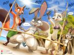  anthro bikini canid canine canis clothed clothing disney fox genitals group hi_res judy_hopps lagomorph leporid link6432 male mammal nick_wilde nipples nude pussy rabbit swimwear text thick_thighs wardrobe_malfunction zootopia 