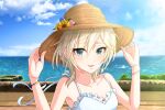  1girl :d anastasia_(idolmaster) bare_arms blonde_hair blue_eyes blue_flower blue_sky bracelet breasts cleavage cloud collarbone day dress flower hair_between_eyes hat hat_flower idolmaster idolmaster_cinderella_girls jewelry looking_at_viewer medium_hair ocean open_mouth outdoors pink_flower popon_ta portrait sky sleeveless sleeveless_dress small_breasts smile solo sundress sunflower white_dress yellow_flower 