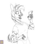  3_fingers anthro clothed clothing equid equine female fingers foxenawolf fur greyscale hair mammal money monochrome open_mouth solo striped_body striped_fur stripes tail tail_tuft tuft zebra 