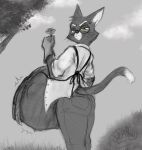  2023 abdominal_bulge anthro apron belly big_belly bottomwear clothing cloud dipstick_tail domestic_cat dress_shirt eyewear felid feline felis flower fur gardening glasses gloves grass green_eyes greyscale guyjushy handwear hi_res holding_flower holding_object lackadaisy looking_at_viewer looking_back male mammal markings monochrome mordecai_heller motion_lines pants plant shirt signature solo tail tail_markings topwear tree unbuttoned_shirt vore webcomic whiskers 