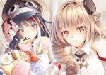  azur_lane baozi black_hair blue_eyes chocolate choker collared_shirt deutschland_(azur_lane) drill_hair drill_sidelocks flower flower_on_head food goggles goggles_on_headwear hat highres ice_cream luetzow_(azur_lane) madakov_kodima mechanical_hands mini_hat mochi multicolored_hair peaked_cap shirt sidelocks sprinkles streaked_hair yellow_eyes 