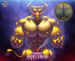  absurd_res anthro big_pecs bovid bovine brazen_bull cattle death_by_snu_snu duo gold_(metal) heart_stream hi_res human humanoid male male/male mammal muscular muscular_male nipple_chain nipple_piercing nipple_ring nipples pecs piercing ring_piercing sculpture statue steam walter_sache 