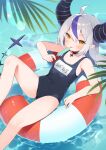  1girl absurdres ahoge alternate_costume bare_legs bare_shoulders black_choker blue_one-piece_swimsuit choker commentary_request feet_out_of_frame food highres hololive horns innertube la+_darknesss long_hair looking_at_viewer multicolored_hair name_tag nyasunyadoora one-piece_swimsuit popsicle purple_hair slit_pupils streaked_hair swimsuit thighs tongue tongue_out two-tone_hair water white_hair yellow_eyes 