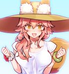  animal_ear_fluff animal_ears blue_background blush breasts clenched_hand collarbone fang fate/grand_order fate_(series) fox_ears fox_tail green_bracelet hair_between_eyes hat large_breasts long_hair open_mouth pink_hair shirt short_sleeves sun_hat tail tamamo_(fate) tamamo_no_mae_(swimsuit_lancer)_(fate) white_shirt white_wristband yellow_eyes yurizuka_(sergeant_heart) 