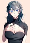  1girl a_(asan_a_aa) absurdres black_shirt blue_eyes blue_hair breasts byleth_(female)_(fire_emblem) byleth_(fire_emblem) cleavage commentary_request fire_emblem fire_emblem:_three_houses hand_on_own_chest highres large_breasts long_hair looking_at_viewer shirt short_sleeves simple_background solo upper_body 