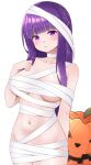  1girl amepon bandages bare_shoulders blunt_bangs blush breasts collarbone commentary cowboy_shot english_commentary fern_(sousou_no_frieren) halloween halloween_costume hand_up highres large_breasts long_hair looking_at_viewer mummy_costume naked_bandage navel pumpkin purple_eyes purple_hair simple_background solo sousou_no_frieren underboob white_background 