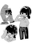  1boy 1girl absurdres blunt_bangs chibi cum cum_in_mouth facial fellatio forked_tongue greyscale hetero highres moai_(more_e_4km) monochrome oral original pants penis ponytail short_hair simple_background tongue white_background 