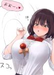  1girl :o black_hair blush bow bowtie breasts collared_shirt commentary_request hands_up kaisen_chuui large_breasts long_sleeves medium_hair open_mouth original red_bow red_bowtie shirt shirt_tucked_in solo white_background white_shirt yellow_eyes 