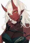  1girl akumi_(yoclesh) black_gloves breasts closed_mouth colored_skin commentary ear_piercing english_commentary fingerless_gloves gloves grey_background grey_eyes horns juwei large_breasts light_smile lips looking_at_viewer medium_hair oni oni_horns piercing pointy_ears red_skin scar scar_on_chest scar_on_face smile upper_body vyugen white_hair yellow_eyes 