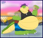  2023 alligator alligatorid anthro belly big_belly bottomwear brok_(character) brok_the_investigator burger clothing crocodilian detailed_background dobietakahama eyes_closed food green_body hat headgear headwear hi_res humanoid_hands male obese obese_male outside overweight overweight_male pants reptile scalie shirt solo topwear 