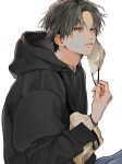  1boy absurdres bag black_hoodie blue_eyes bracelet closed_mouth en_(e898n) grey_hair hand_up highres hood hood_down hoodie jewelry long_sleeves looking_at_viewer male_focus mask mask_removed mouth_mask original short_hair simple_background solo white_background 