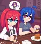  2girls :d ? ahoge alpha_transparency arm_on_table arm_support bar_(place) bare_arms black_necktie black_vest blue_eyes blue_hair blythe_(hcnone) bob_cut borrowed_character burger closed_mouth clothes_writing collarbone collared_shirt commentary counter cup detached_ahoge drinking_glass english_commentary english_text eyes_visible_through_hair facing_viewer fang floor food hair_between_eyes hana_(hcnone) hand_up holding holding_cup indoors light_blush looking_at_another medium_hair minimilieu multiple_girls necktie open_clothes open_mouth open_vest original pixel_art plate ponytail purple_background red_eyes red_hair shirt short_sleeves sidelocks skye_(hcnone) sleeves_past_elbows smile spoken_character spoken_question_mark sweatdrop t-shirt thick_eyebrows tongue upper_body v-shaped_eyebrows vest wall wavy_mouth white_shirt wing_collar 