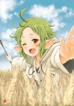  1girl ;d ahoge blue_sky cloud day elf green_hair highres holding holding_wand hood hooded_jacket jacket looking_at_viewer mushoku_tensei nao_suke one_eye_closed open_mouth outdoors outstretched_arms pointy_ears red_eyes shirt short_hair sky smile solo sylphiette_(mushoku_tensei) wand wheat_field white_jacket white_shirt 