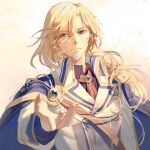  1boy blonde_hair brooch cape coat eiyuu_densetsu hair_between_eyes jewelry long_hair looking_at_viewer open_hand outstretched_hand portrait rufus_albarea sen_no_kiseki sen_no_kiseki_iii smile solo twitter_username uniform yusaazusa 