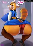  2023 absurd_res aggretsuko ailurid anthro bdsm bodily_fluids bondage bound butt clothing derpx1 digital_media_(artwork) english_text female footwear genital_fluids hi_res legwear looking_back mammal open_mouth pussy_juice red_panda retsuko sanrio solo text tongue tongue_out 