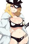  1girl aetherion bikini bleach blonde_hair breasts cleavage coat hat highres large_breasts lips long_hair matsumoto_rangiku mole mole_under_eye navel one_eye_covered parted_lips peaked_cap police police_hat police_uniform policewoman simple_background solo standing swimsuit uniform white_background white_coat 