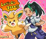  1girl :o backpack bag black_hair blush brown_eyes collared_shirt commentary_request dated eyelashes freckles highres kedamamax logo multicolored_hair necktie nemona_(pokemon) open_mouth outline pawmo pokemon pokemon_(creature) pokemon_(game) pokemon_sv ponytail purple_necktie purple_shorts shirt short_sleeves shorts two-tone_hair 