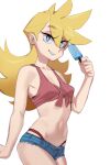  1girl absurdres blonde_hair blue_eyes denim denim_shorts food g-string highres holding holding_food holding_popsicle long_hair looking_at_viewer micro_shorts navel panty_&amp;_stocking_with_garterbelt panty_(psg) popsicle shirt sho-n-d short_hair shorts sleeveless sleeveless_shirt solo spiked_hair thong tied_shirt 